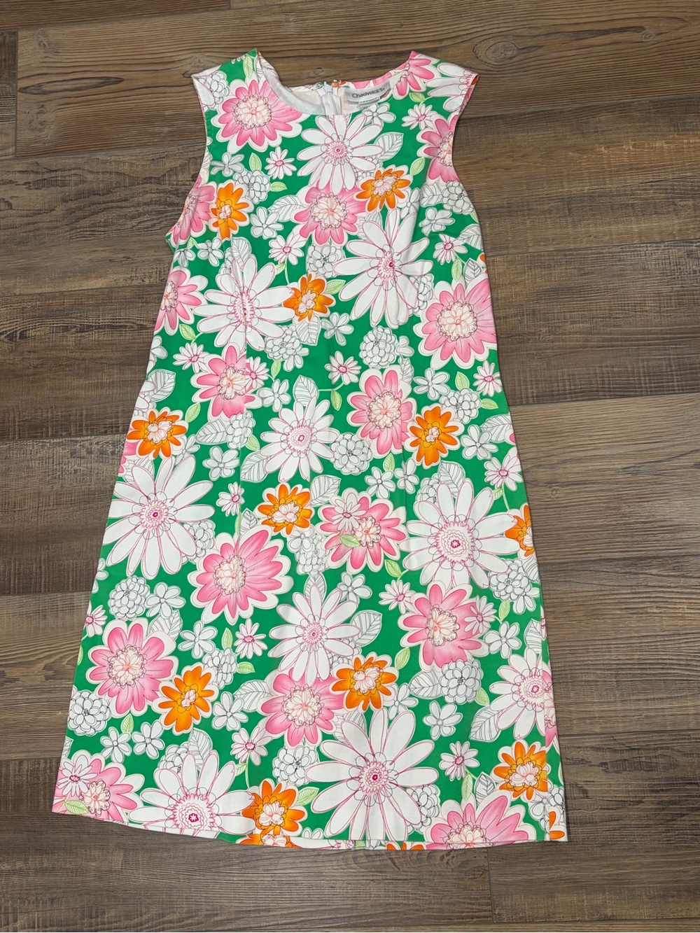 Chadwicks Green Floral A-Line Midi Dress with Pink & Orange Blooms